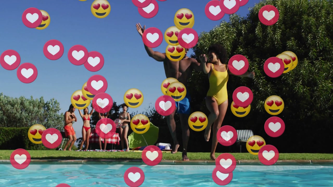 couple running and jumping into pool as floating heart emojis rising for livestream engagement
