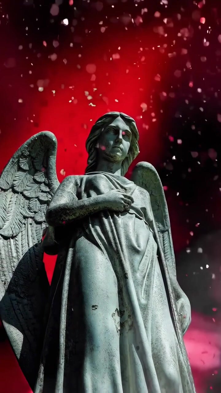 Stone Angel Statue Standing Against a Dark Red Background