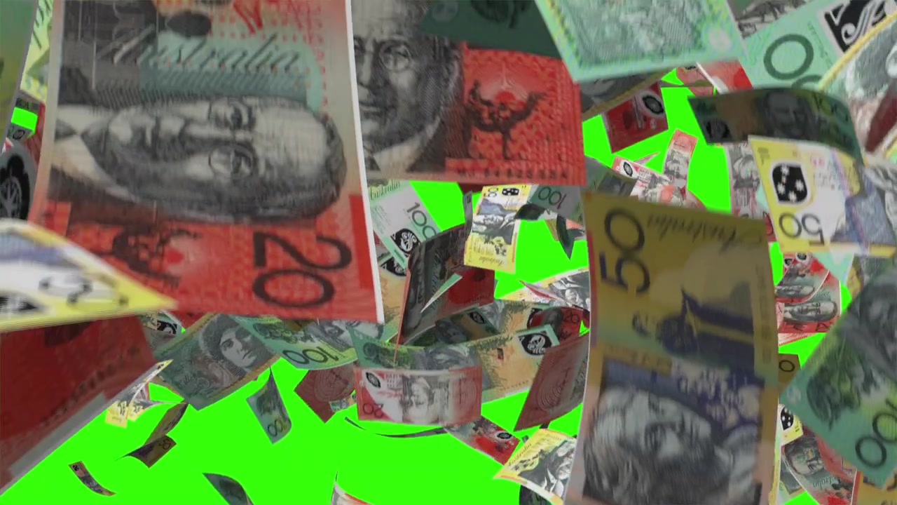Australian Dollars Falling on Green Screen