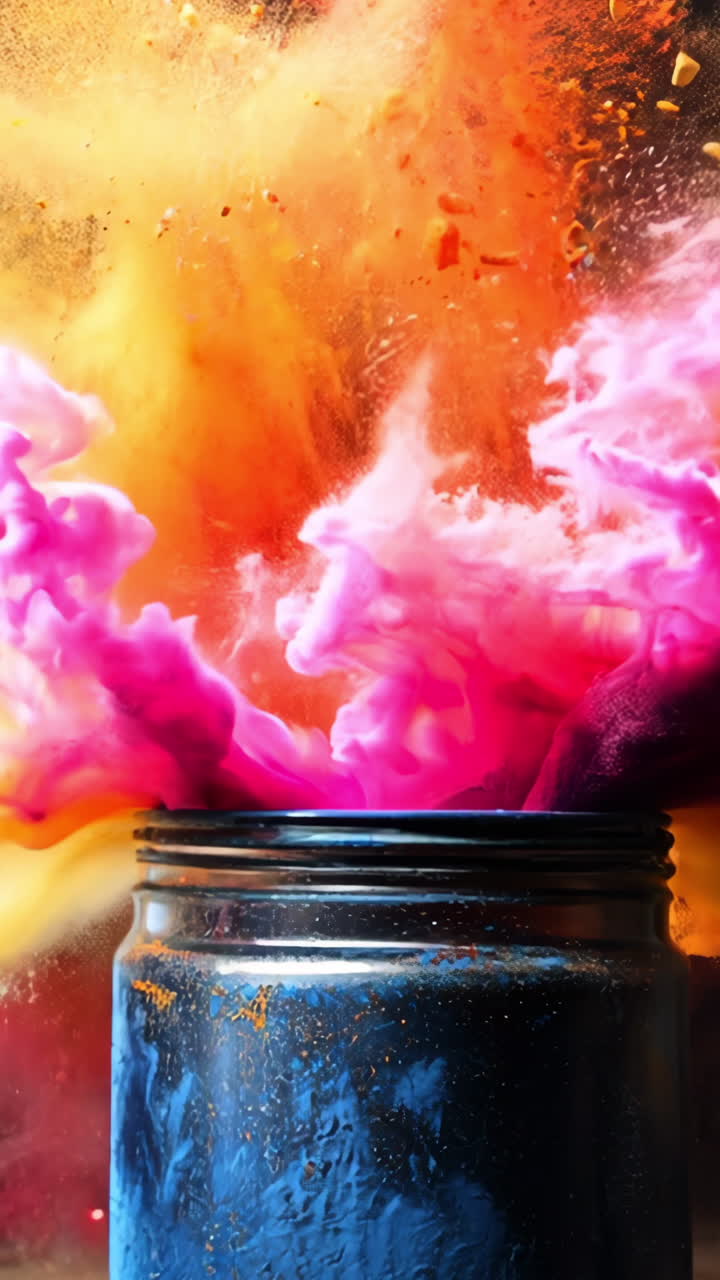 A jar of colorful powder is blown up in the air. The colors are red, orange, and yellow
