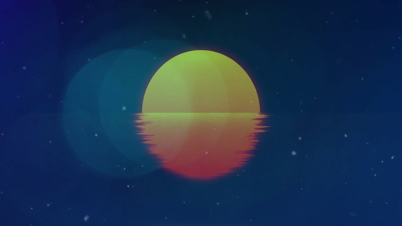 When bokeh fading, glowing sun emerging, shifting glow and drifting stars forming water reflection