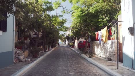 narrow cobblestone street in a greek village