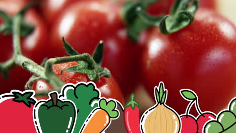 animation of vegetables icons over tomatoes