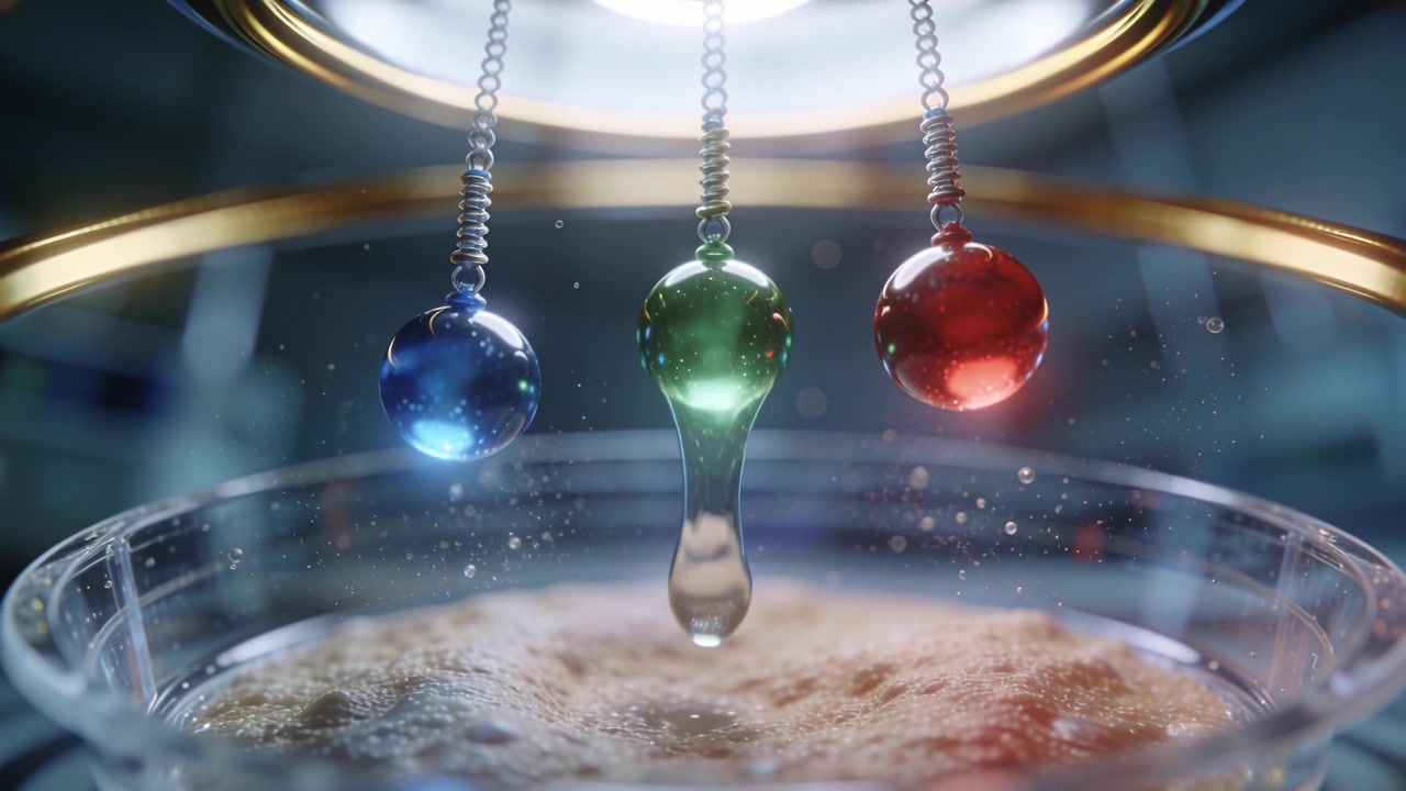 Vibrating springs nudging blue green red spheres above glass dish, forming green droplet