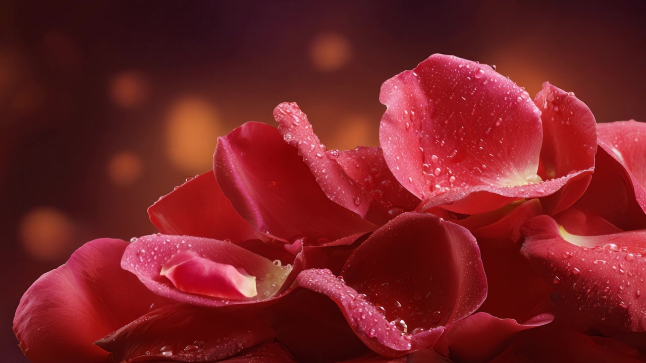 Una splendida composizione di petali di rosa rossa bagnati di rugiada che luccicano con un effetto sfocato, ideale per celebrare l'amore, il romanticismo o occasioni speciali con eleganza e grazia.
