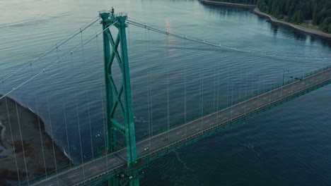 stunning lions gate bridge drone aerial shot tilt down reveal of vancouver skyline