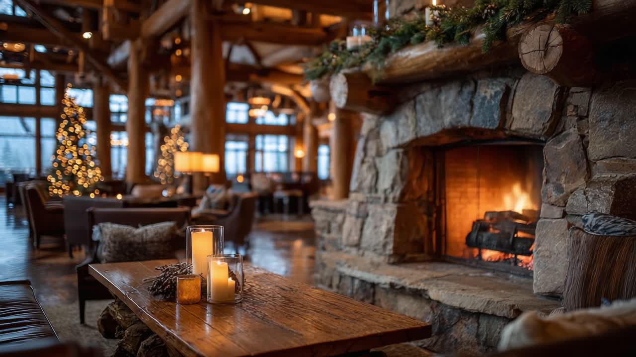 Cozy Winter Retreat: A Warm Fireside Ambiance in a Rustic Lodge Surrounded by Glittering Holiday Decorations and Inviting Comfort