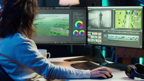 video editor polishing raw footage, enjoying cup of coffee