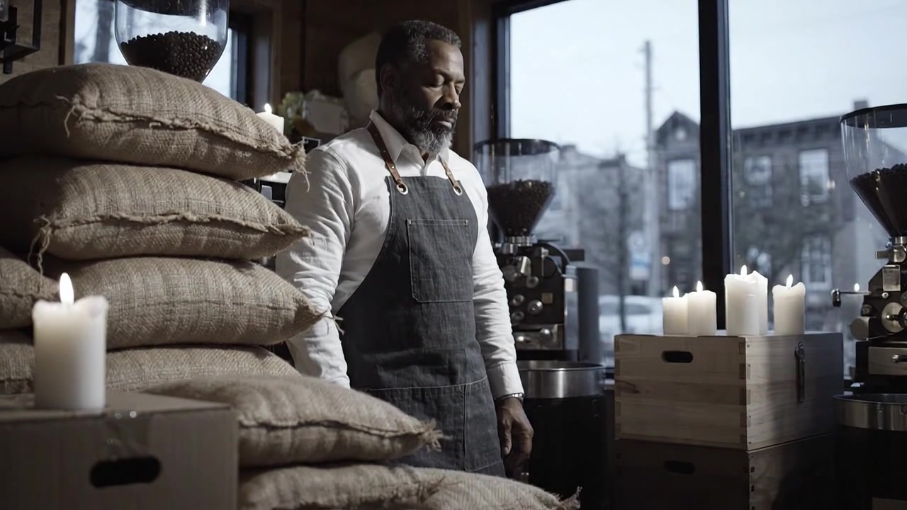 A Dedicated Artisan Surrounded by Coffee Bags in a Rustic Shop, Showcasing the Craftsmanship and Passion Behind Quality Coffee Production and Roasting