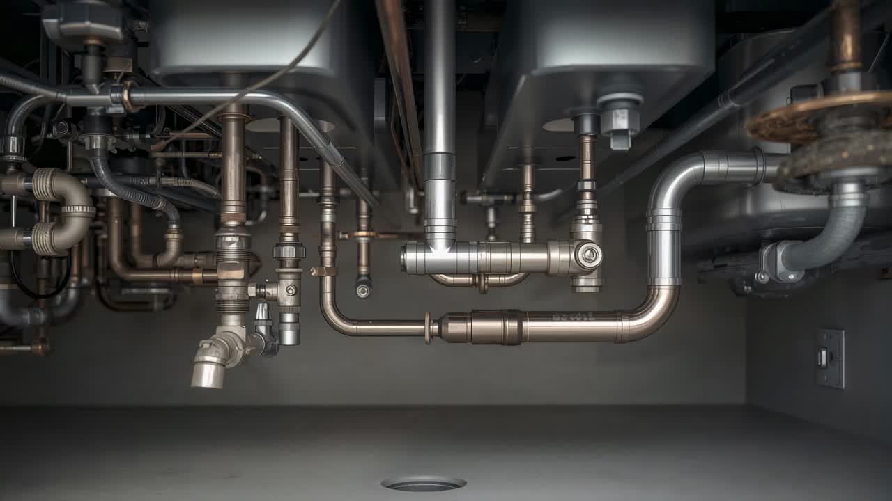 Filming camera capturing plumbing under sink while light shifting, showing drains, trap, outlet
