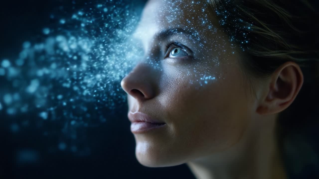 Una donna contemplativa con un bagliore mistico ed effetti scintillanti attorno al viso, che evoca pensieri di immaginazione, sogni e creatività su uno sfondo scuro