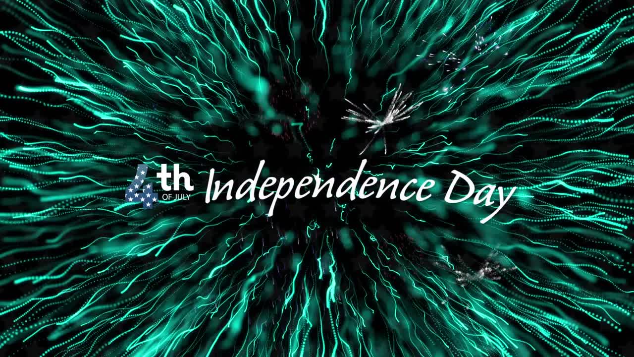 Happy independence day text banner over fireworks and light trails bursting on black background
