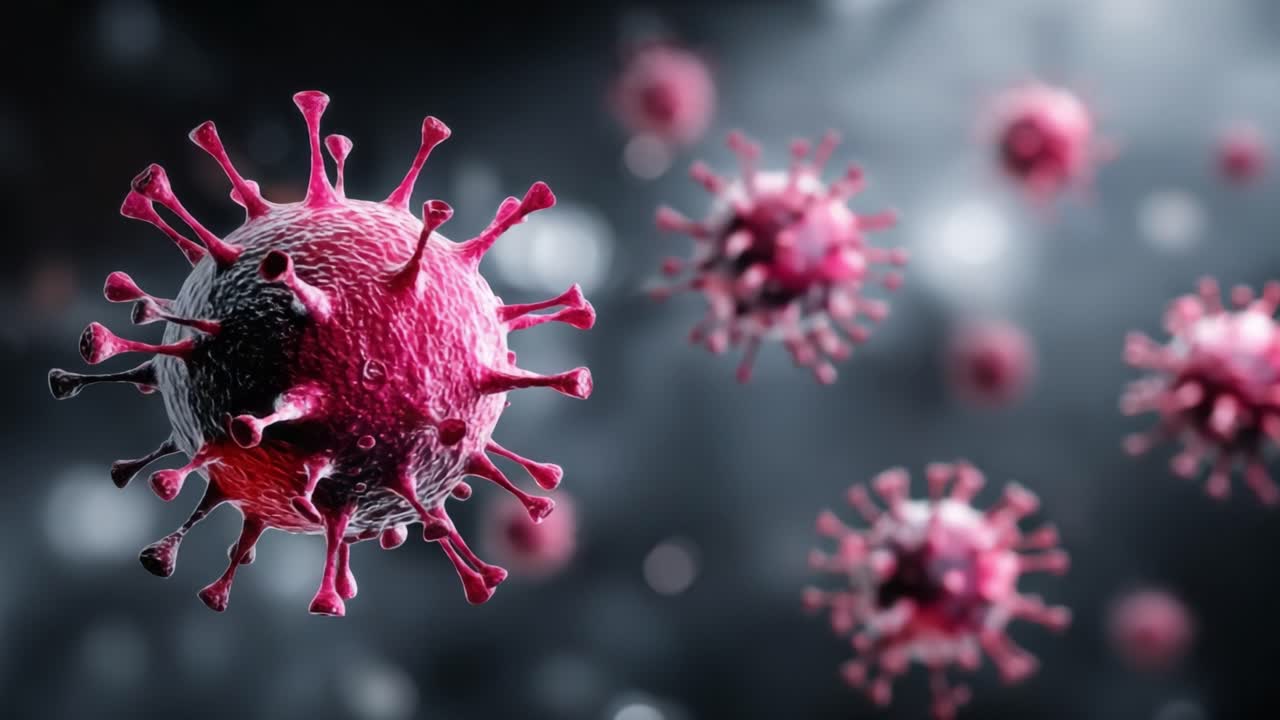Visualizzazione microscopica di particelle virali in un ambiente astratto, che mostra strutture intricate e dettagli della proliferazione virale e delle dinamiche di infezione.