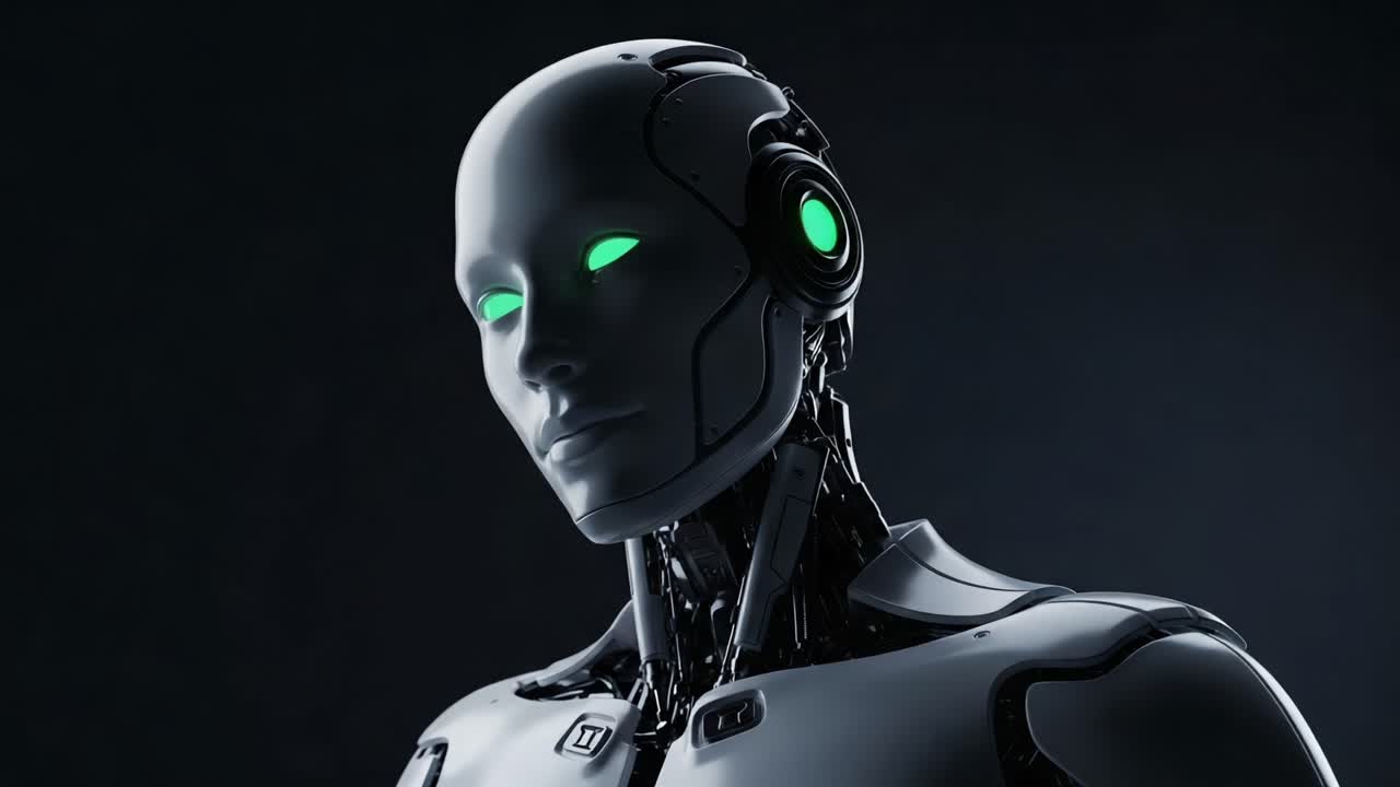 Futuristic humanoid robot with glowing green eyes demonstrating advanced technology and artificial intelligence in a sleek design