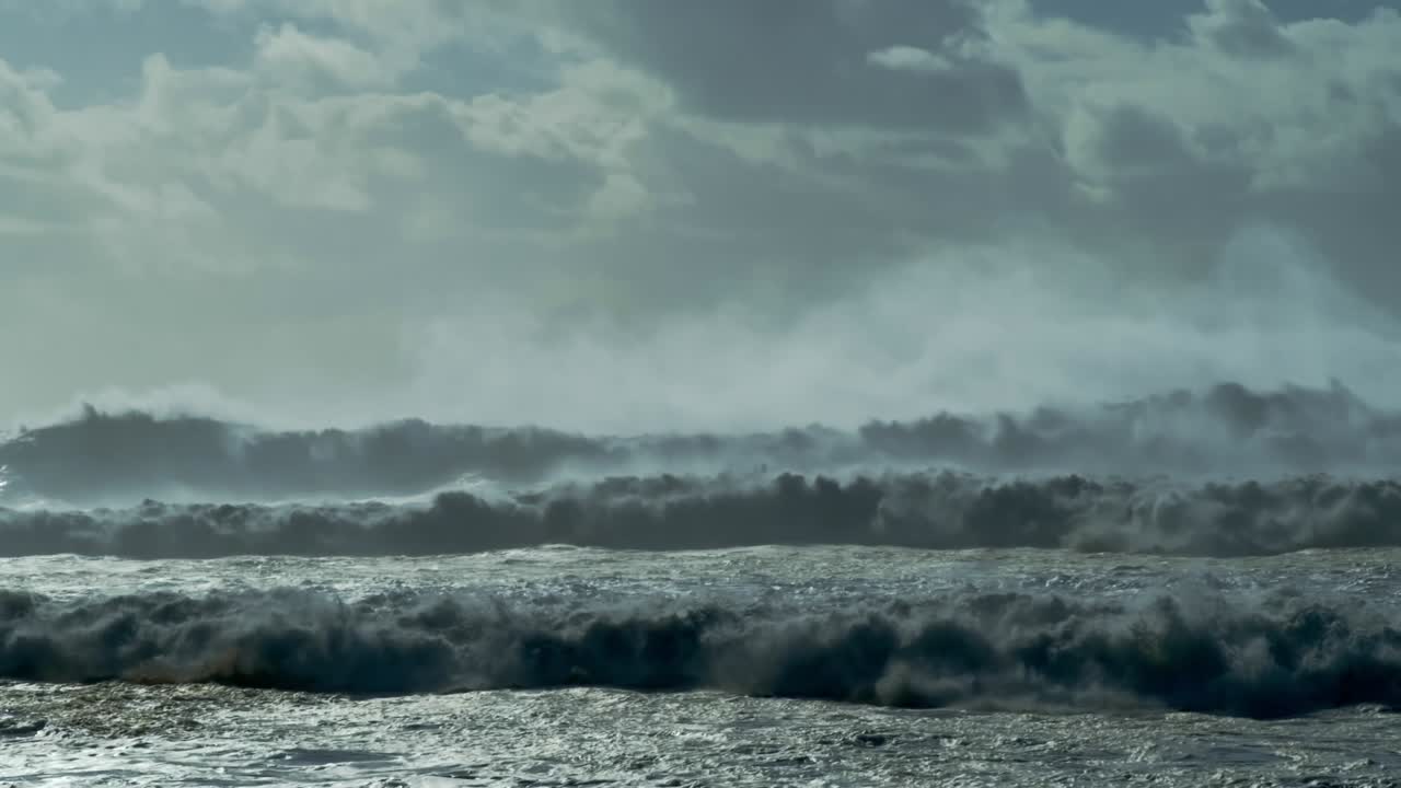 Powerful Atlantic ocean surf breaks onto beach in dramatic slow motion