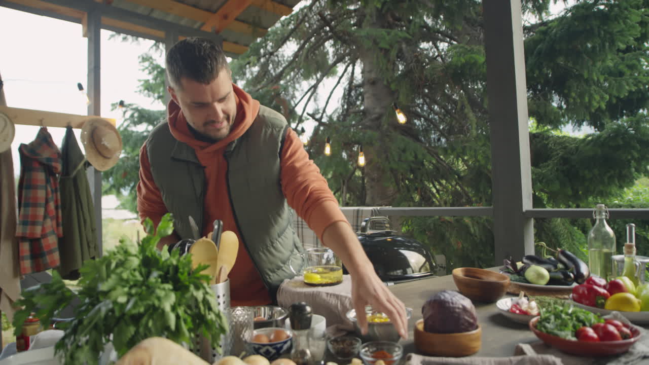 Food Blogger Filming Video Recipe on Outdoor Terrace