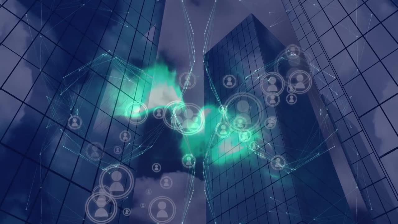 animación de la red de conexiones con iconos y modernos edificios de oficinas sobre fondo azul
