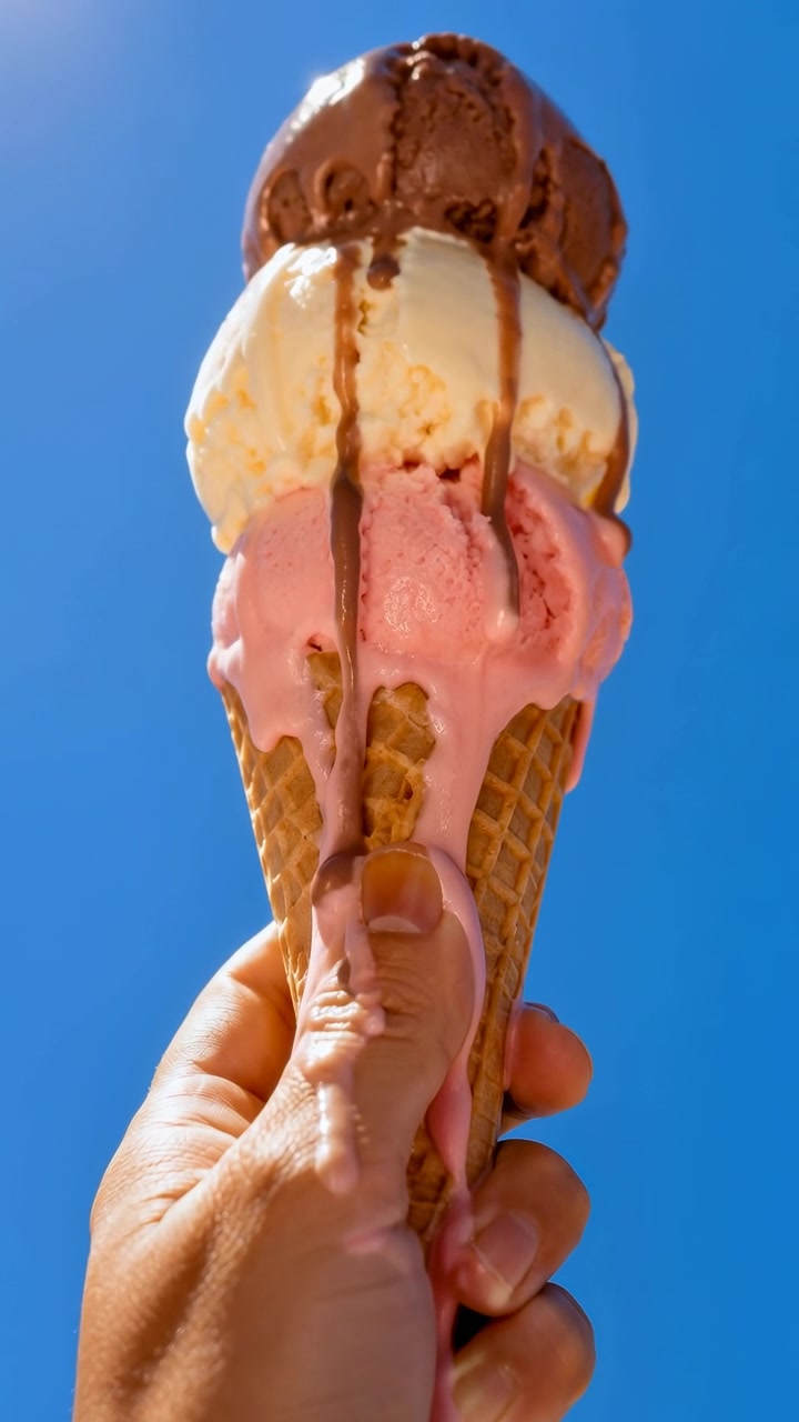 Escena exterior en ángulo bajo muestra una mano sosteniendo un cono de waffle con tres bolas de helado mientras el calor provoca un lento derretimiento, goteos brillantes, reflejos intensos y un vívido color veraniego.