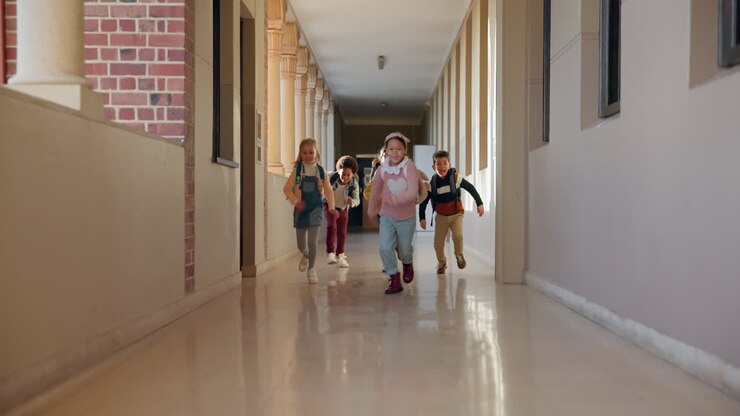 School, friends and children in hallway running