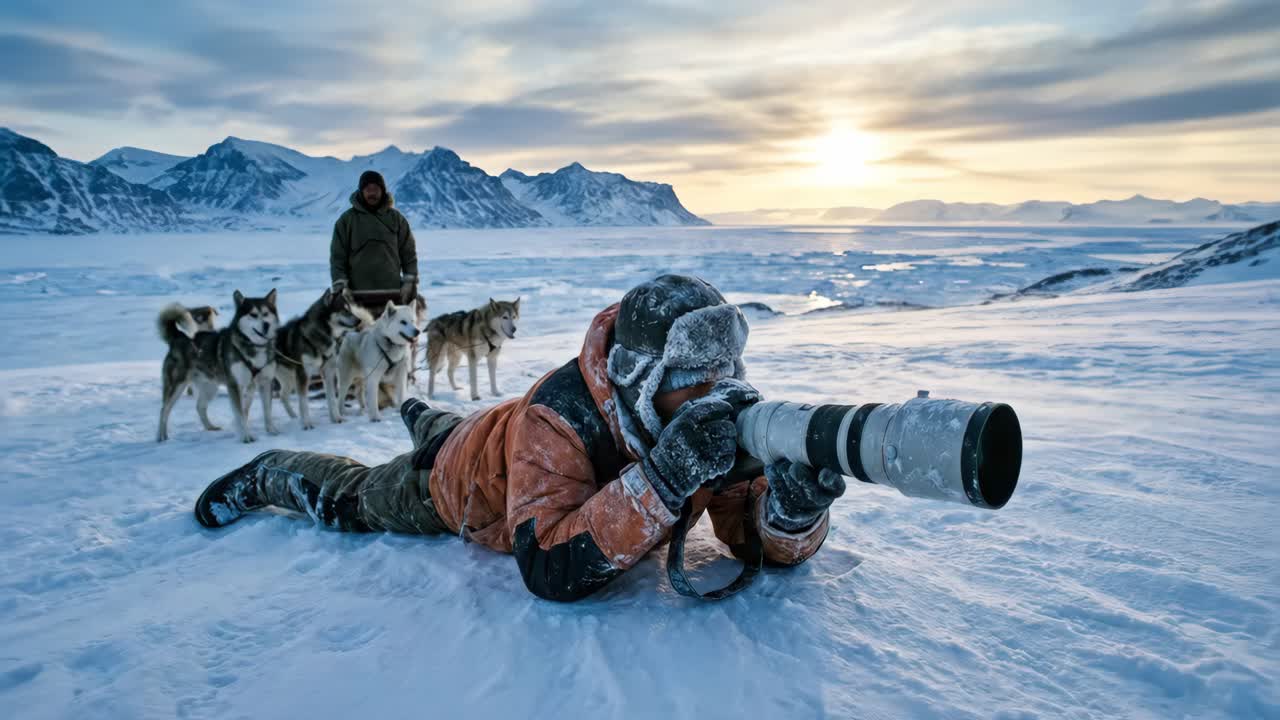 Fotograf som ligger i snön med teleobjektiv och hundspann