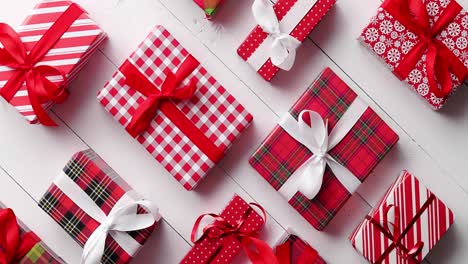 Seitenansicht-Der-Verpackten-Weihnachtsgeschenke-Auf-Dem-Holztisch
