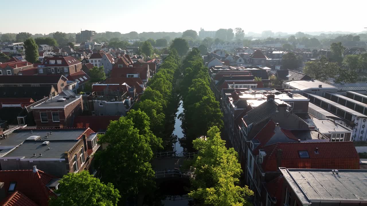 Aerial View of Canal Lined with Trees in Delft