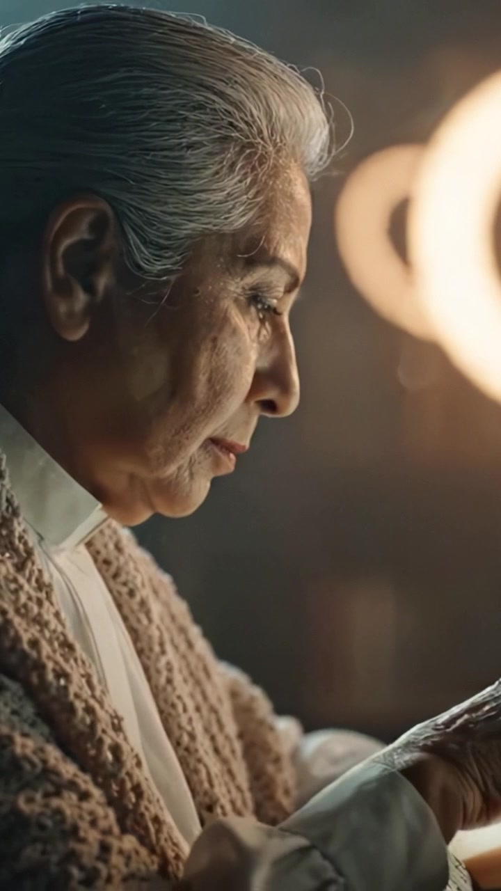 An elderly woman engaged in contemplation, illuminated by soft lighting, showcasing her wisdom and grace in a moment of introspection and creativity.