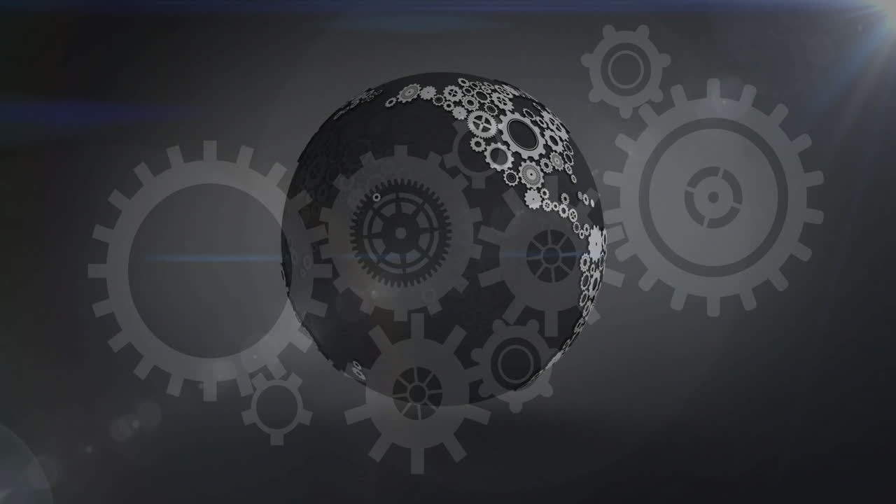 Rotating gears and cogs in animation over dark spherical background