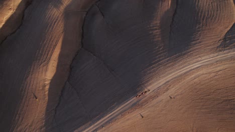 a top down and reveal drone shot of a moroccan desert with camels riding in a low sunset light that creates deep shadows when hitting the desertic rocky dunes