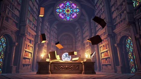 magical library with floating books