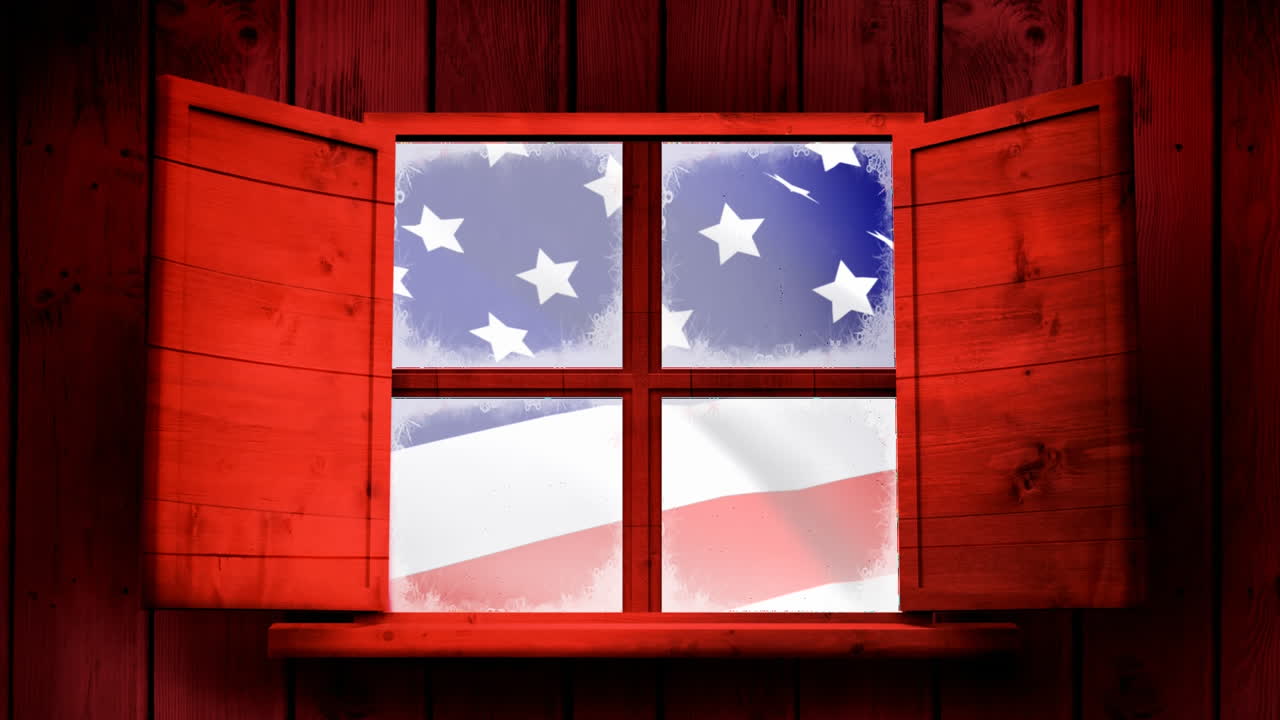 animación digital del exterior de una cabaña de madera roja y viuda abierta 4k