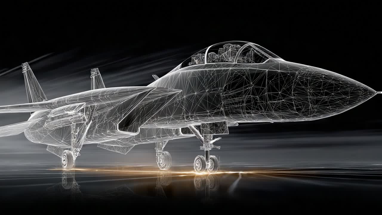 A Stunning Visual Representation of a Fighter Jet with Intricate Wireframe Design, Highlighting the Fusion of Technology and Aviation in Modern Aircraft Engineering