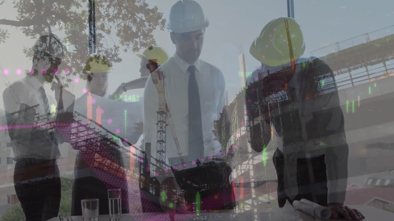 animación del procesamiento de estadísticas sobre los planos de mantenimiento de arquitectos masculinos y femeninos en el sitio de construcción