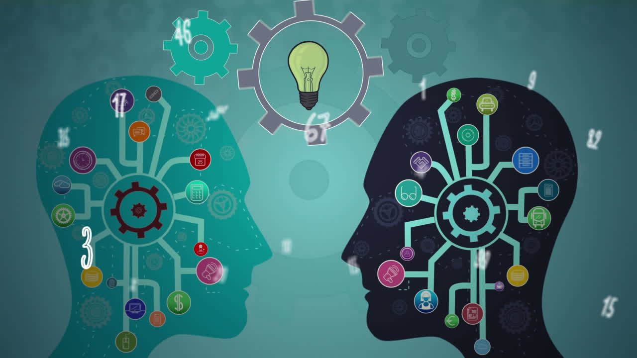 Animation of networks with icons over two human heads and cogs spinning