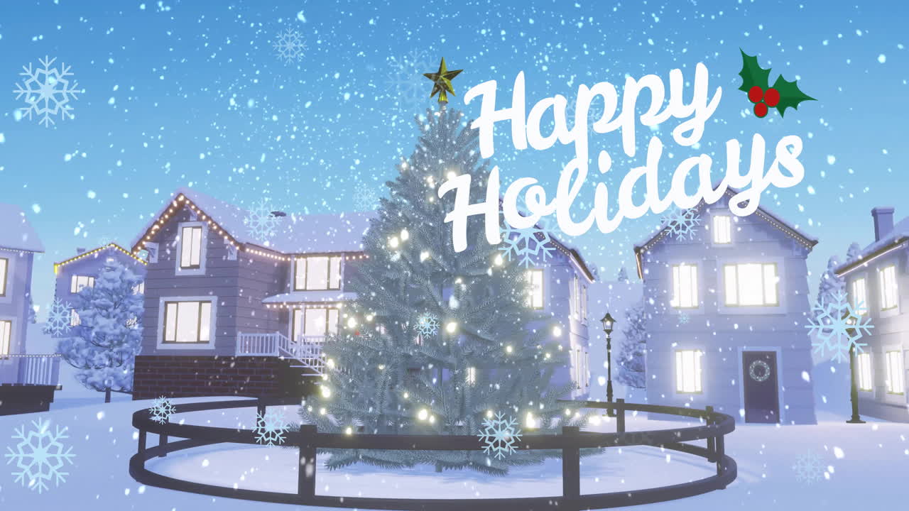 Happy Holidays text animation over snowy Christmas tree and houses in winter scene