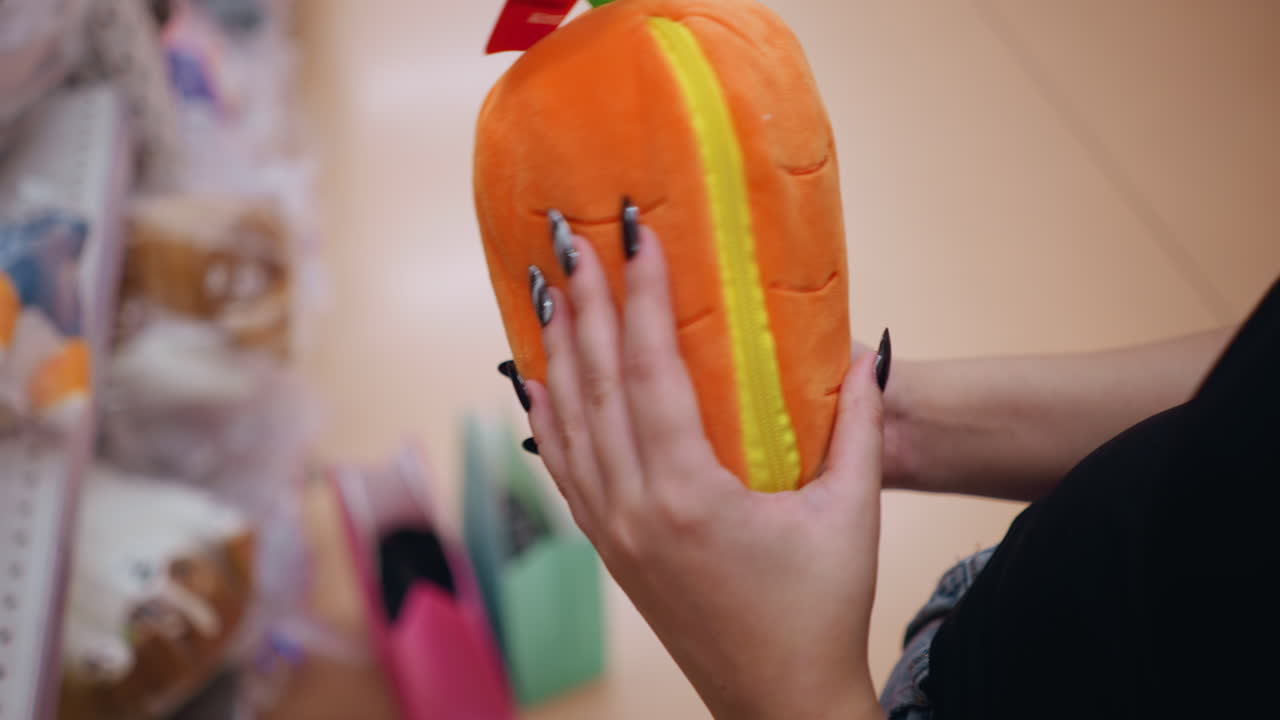 primer plano de una mujer sosteniendo e inspeccionando un vibrante bolso de peluche naranja con detalles verdes en un centro comercial bien iluminado, examina cuidadosamente el material suave mientras hace compras