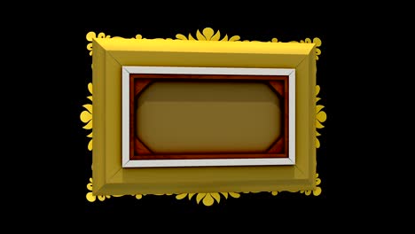 rapid rotation of the gold picture frame on black background. 3d animation with motion tracking markers and green screen, seamless loop. alpha matte included.