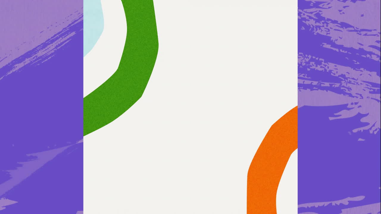 Animation of colourful shapes on white background over purple shapes