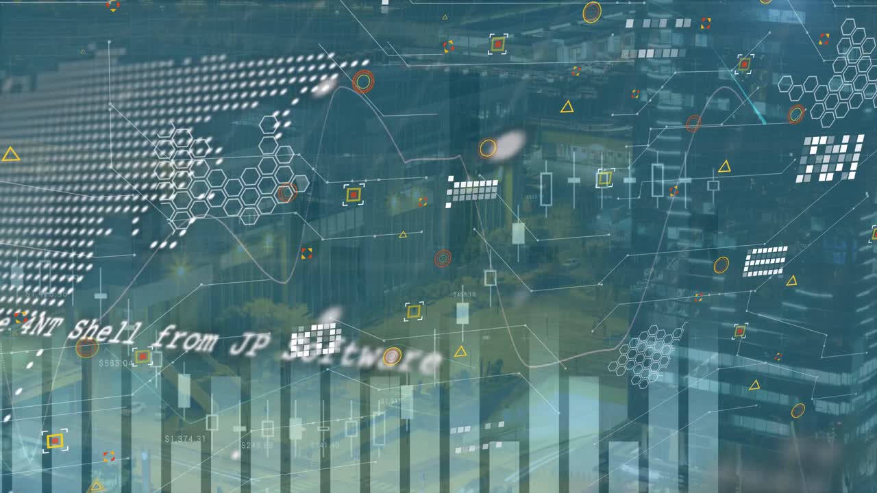 그래프, 데이터 처리, 아이콘 및 파란색 배경의 지구의 애니메이션