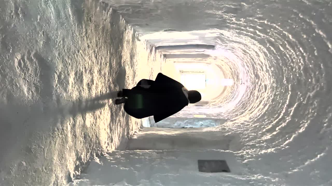 빛을 향해 얼음 호텔에서 얼음으로 조각된 얼음 터널을 걷는 사람 뒤를 걷는 포브