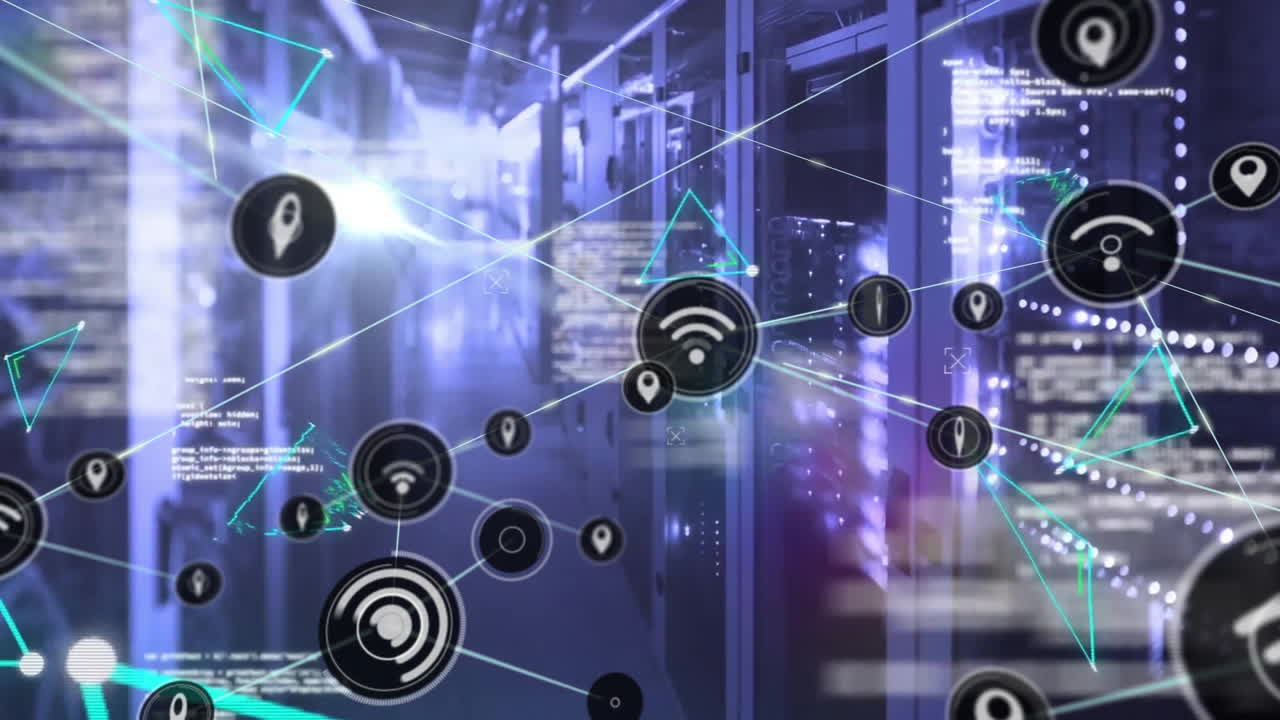 animazione della rete di connessioni con icone e elaborazione dei dati su server informatici