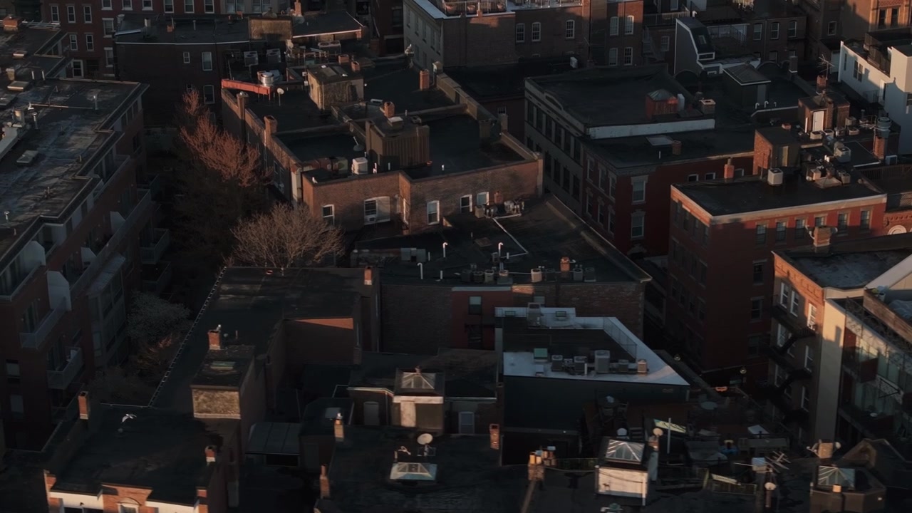 Aerial view of Boston's North End. Shot at sunrise on a spring morning.