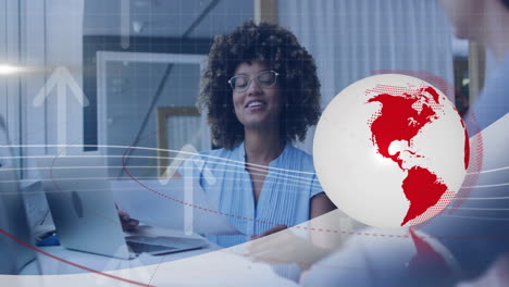businesswoman working on laptop with global news animation overlay