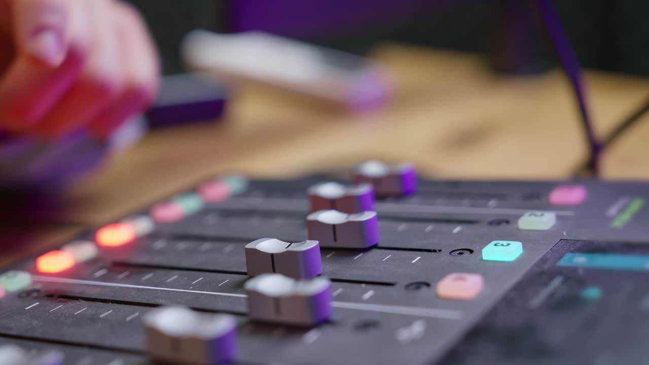 Close up on podcast sound console or audio recording mixer - man's hand pressing buttons and moves switches and faders in professional studio getting ready for live streaming session or radio show