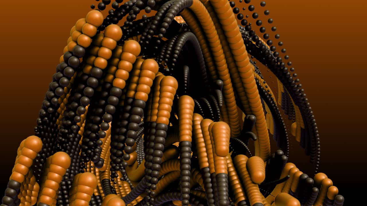 Complex animation of yellow and black spheres forming a moving organic formation