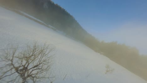 fpv drone shot, the landscape covered under the fog with surrounding mountains in the morning at winter time in slovenia captured in 4k, drone flying fast, close to objects with lots of movement
