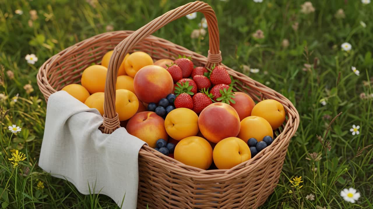 A Vibrant Array of Fresh Fruits in a Sunlit Basket Surrounded by Lush Green Grass and Delicate Wildflowers, Perfect for a Picnicking Day in Nature