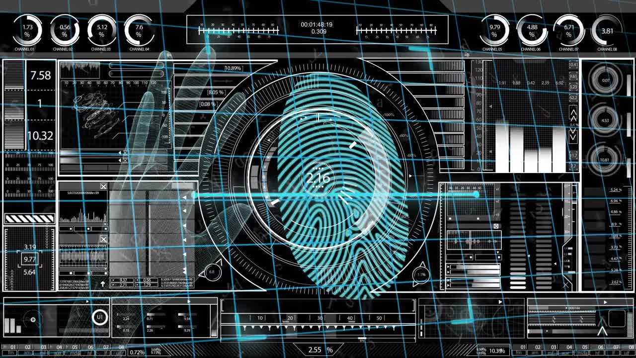 Animation of fingerprint over diverse data processing on digital screen