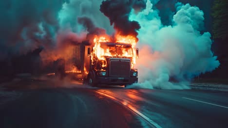 a truck on fire on the side of the road