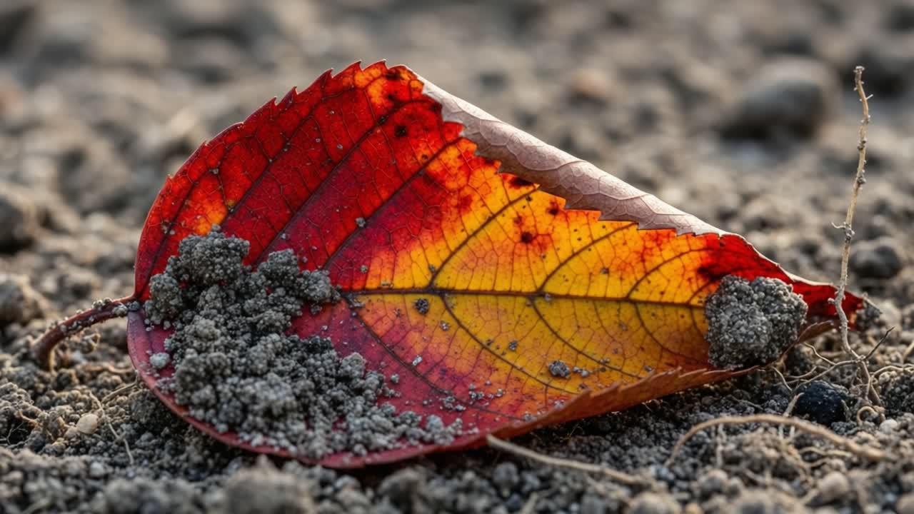A Close-Up Perspective of a Vibrant Autumn Leaf Resting on a Textured Ground, Capturing the Essence of Fall with Brilliant Colors and Natural Details